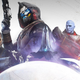 Three people, including a robot man with a pistol, stand together behind a large white orb.